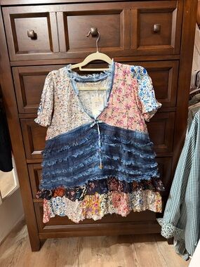 Young Threads Boho Patchwork Floral & Denim Ruffle Tunic NWT Medium